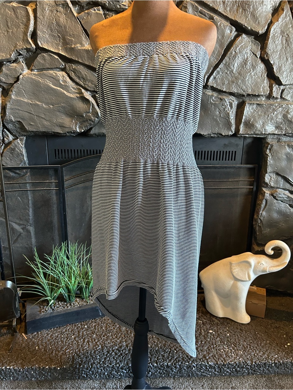 Striped Black & White Strapless Asymmetrical Dress
